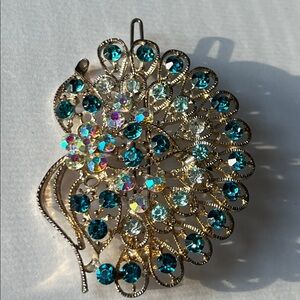 Vintage Peacock Hair Barrette Embellished Aura Borealis/Turquoise Crystal